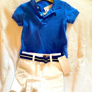 NWT Baby Boy 6 months Ralph Lauren blue polo shirt and white shorts w/RL belt
